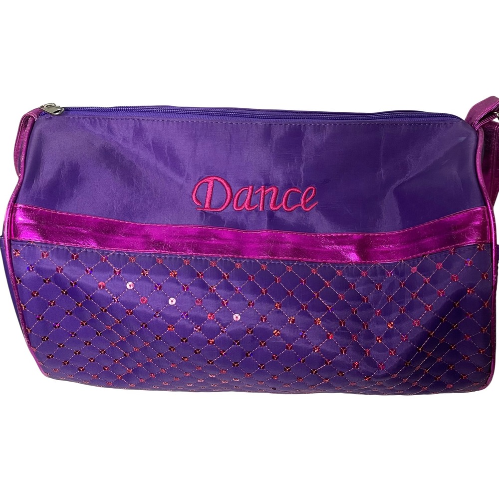 Purple Dance Duffel Bag Sequin Quilted Metallic Trim Gear Bag Shoulder Strap